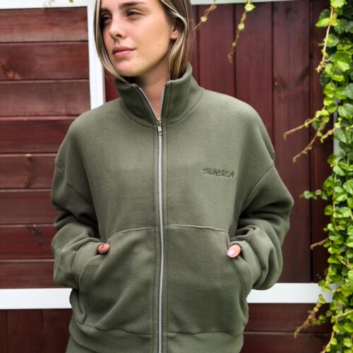 Campera bomber polar con cuello alto y bolsillos - VERDE MILITAR