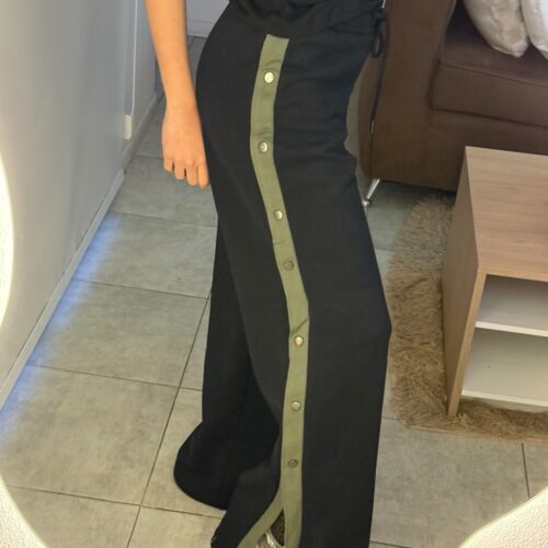 Pantalón palazzo combinado, frisa gamuzada ancho con elástico en cintura, recortes laterales y broches - VARIACIONES DISPONIBLES