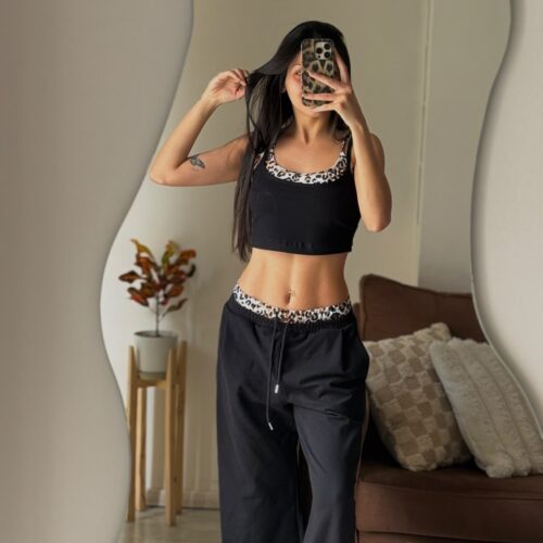 Pantalón rústico combinado con doble cintura falsa - NEGRO CON PRINT
